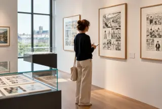Visiteur prenant des notes devant des planches de bande dessinée dans une galerie du musée d’Angoulême.
