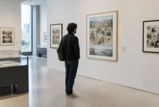 Visiteur observant une planche originale dans une galerie calme du Musée de la bande dessinée d’Angoulême.